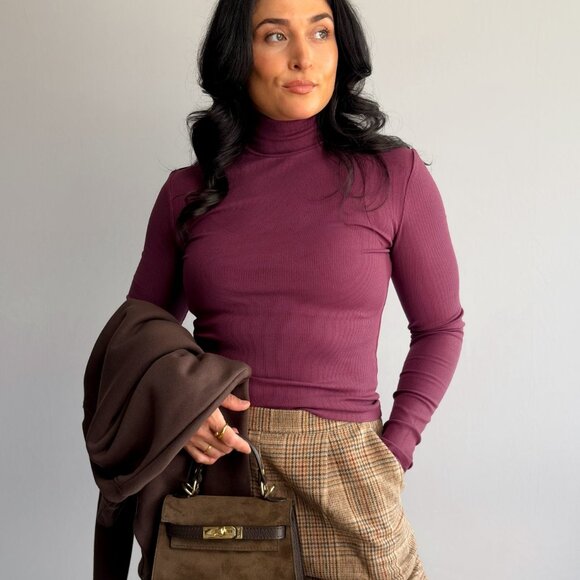 Women’s Plum Ribbed Turtleneck Top – Long Sleeve Stretch Layering Tee - Picture 6 of 8